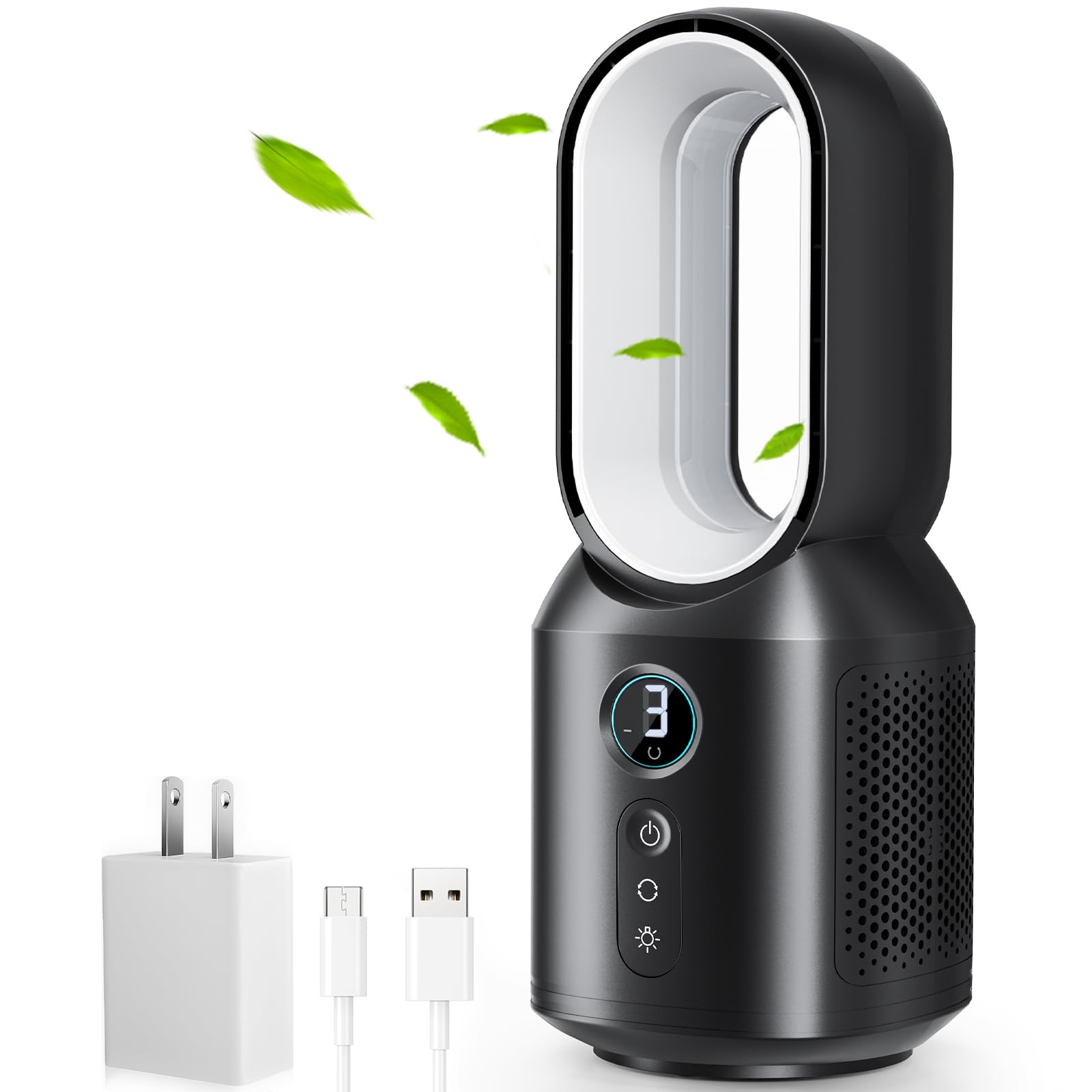 Bladeless Desk Fan 13 Inch | Quiet Night Light Fan | Desk & Office Oscillating | Personal Cool Breeze | 3 Speed Settings